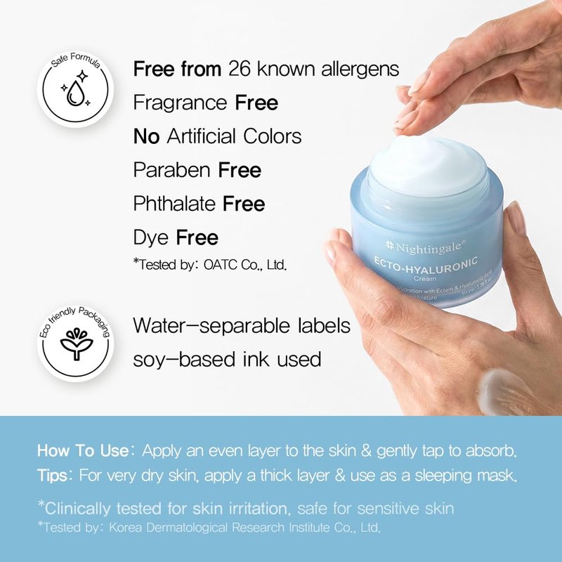Nightingale Ecto-Hyaluronic Cream with 8 layer Hyaluronic Acid, Ectoin, Daily Face Moisturizer For Dry Skin, Fragrance Free, Hypoallergenic, Allergen Free, Cruelty Free, Vegan, Korean Skin Care