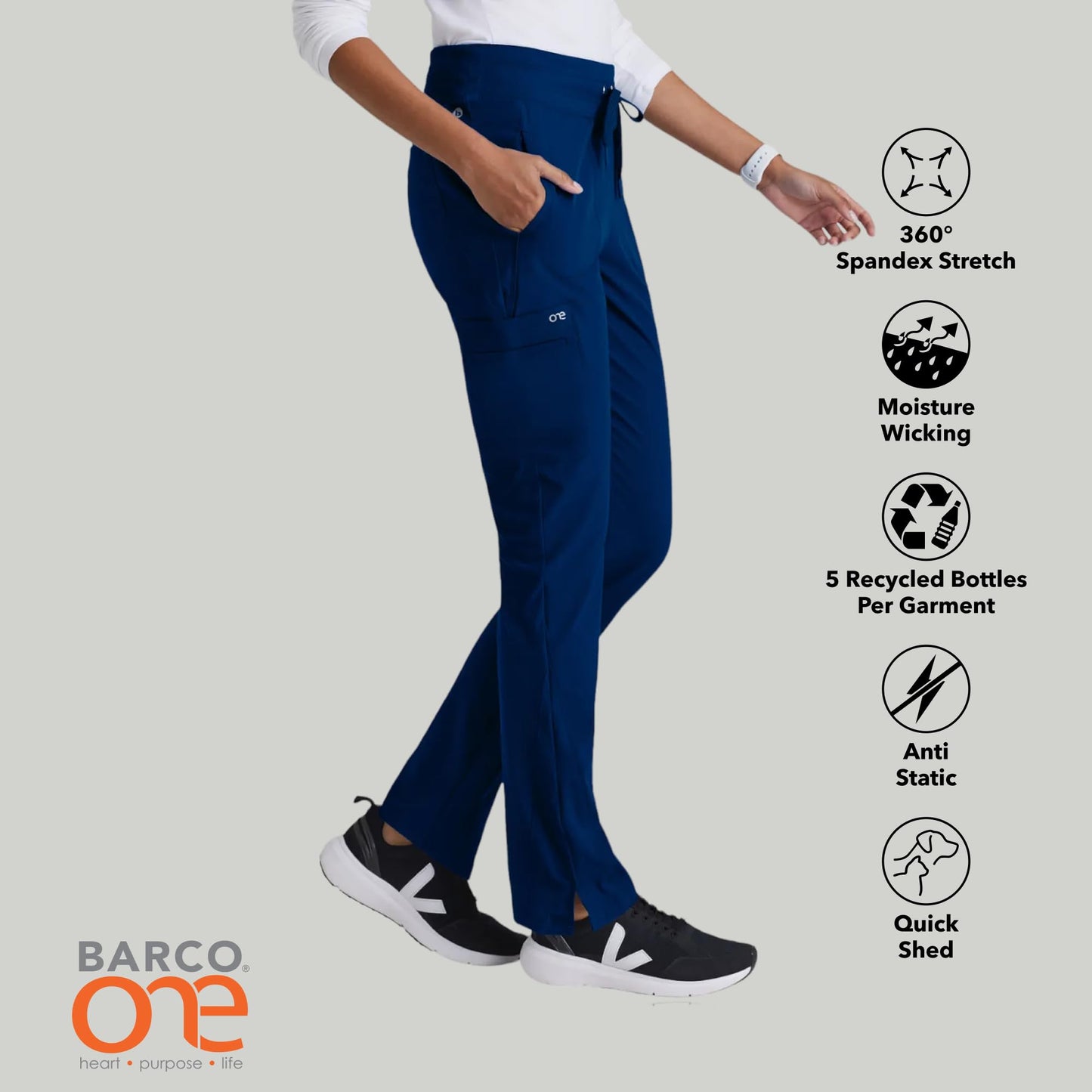 BARCO One Uplift Classic Fit Tapered Leg Scrub Pant for Women – Indigo, 5-Pocket Mid-Rise Scrub Bottoms w/ 360 Spandex Stretch – Moisture Wicking, Anti-Static & Quick Shed – Medium, Regular Fit