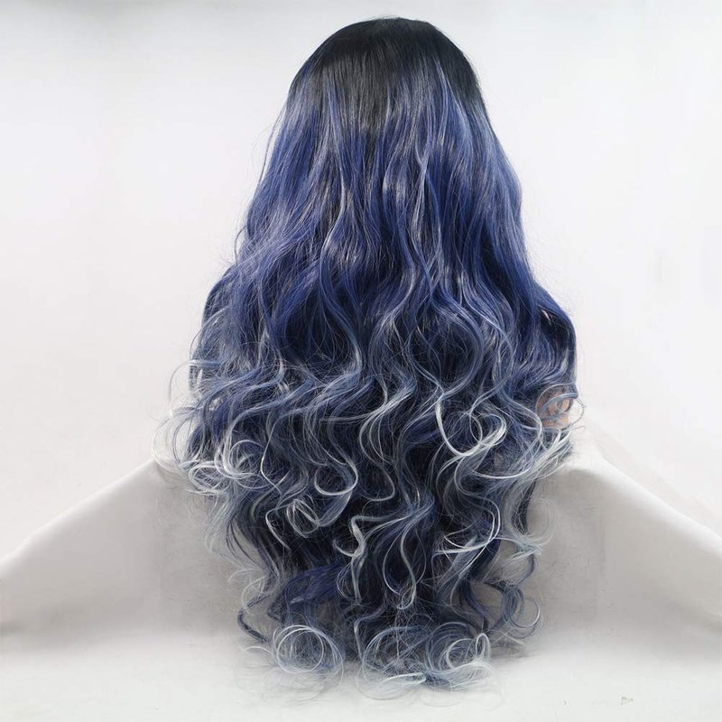 Kalisa Ombre Blue Synthetic Lace Front Wig Long Body Wave Black to Blue Mix White Lace Front Wig Side Part Heat Resistant Fiber Daily Makeup Wig for Women 24 Inch, Ombre Blue Mix White