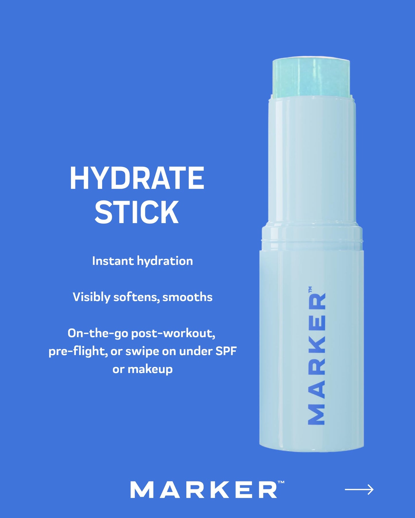 MARKER Hydrate Stick, Hyaluronic Acid Serum Stick for Dry Skin, Plumpness & Smooth Texture, with Squalane, 0.3 oz (10 g), Travel-Ready