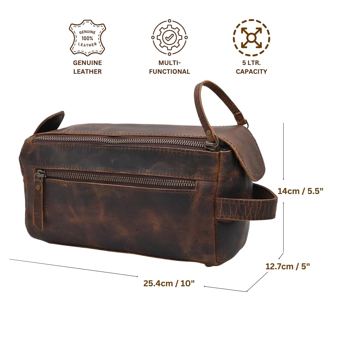 Autentico Leather Toiletry Bag for Men Travel Essentials Shaving Dopp Kit Buffalo Leather, Handmade Vintage Distressed Waterproof Grooming Organizer Cosmetic Case Unisex Use, Brown