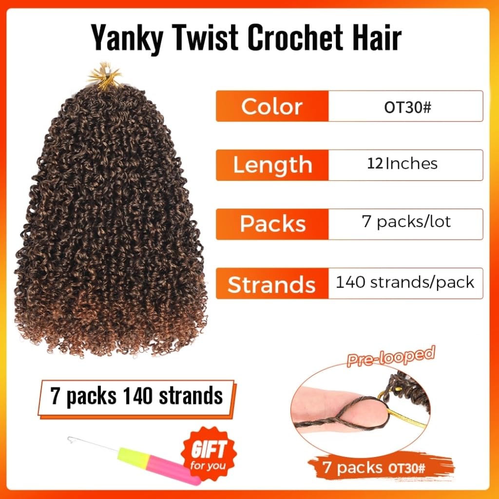 12 Inch Yanky Twist Crochet Hair for Black Women 7 Packs Pre-looped Mini Passion Twist Hair Short Boho with Curly Ends Synthetic Kinky Brown Spring Twist Crochet Hair（12 Inch,OT30#)