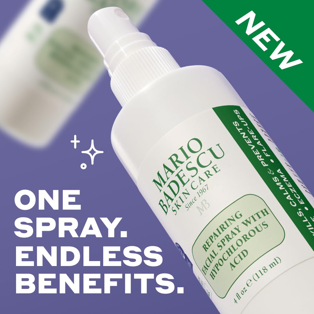 Mario Badescu Repairing HOCl Facial Spray with Hypochlorous Acid – Soothes & Hydrates Angry, Irritated Skin, Reduce Redness & Flare-Ups – pH Balancing, Non-Irritating Cleanser, Fragrance-Free, 4 Fl Oz