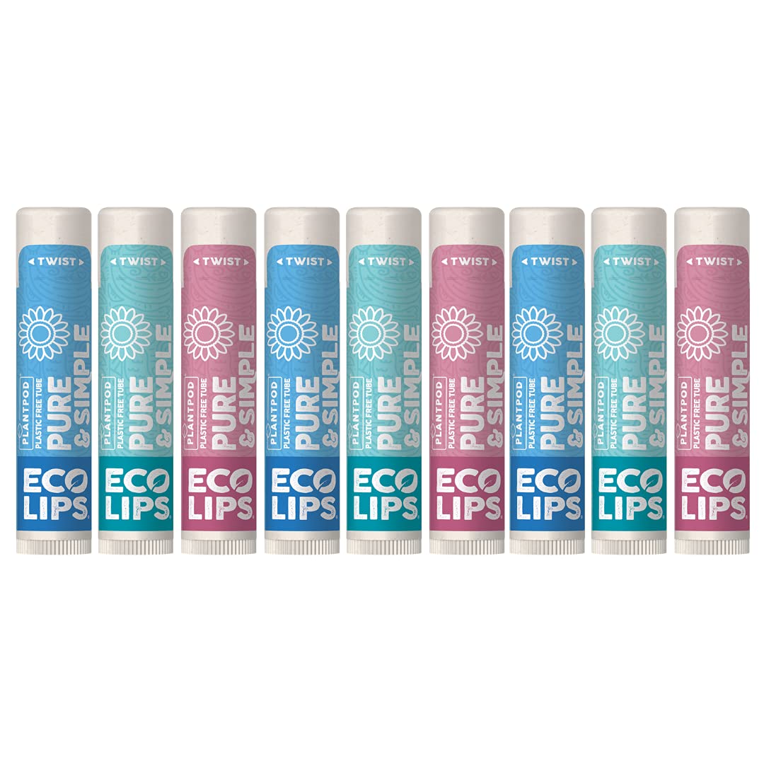 Eco Lips Pure & Simple Raspberry, Coconut and Vanilla Organic Lip Balm 9-Pack (0.15 oz.) - 100% Natural. 100% Plastic-Free Packaging | Made in USA & Cruelty Free