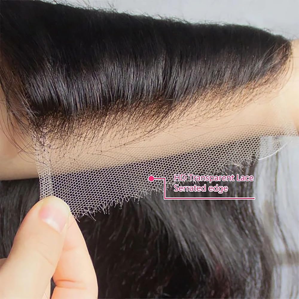 4X4 Straight HD Lace Closure Human Hair Extensions 12A Brazilian Virgin Remy 100% Unprocessed Human Hair Frontal Free Part Closure Only Pre Plucked With Baby Hair Natural Black 16 Inch