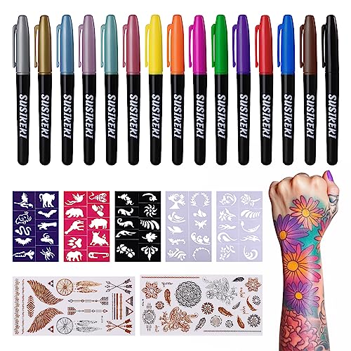 Temporary Tattoo Markers for Skin, 15 Colors Tattoo Pen + 50 Paint Stencils + 43 Tattoos Stickers, Glitter & Matte & Neon Glow Body Marker Set, Removable Fake Tattoos Kit for Teens and Adult