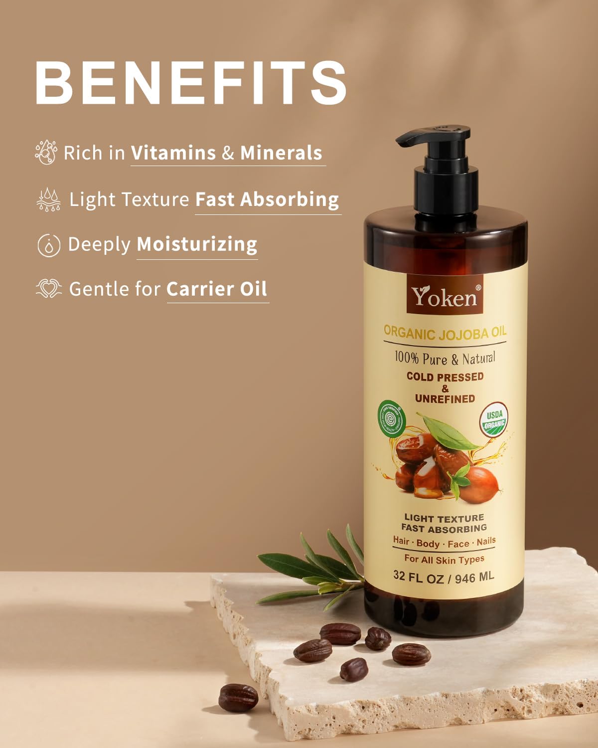 Yoken 100% Pure Jojoba Carrier Oil - Unrefined, Cold Pressed for Skin, Hair & Nails | 32 fl oz