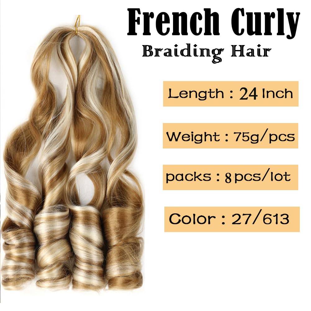 Lanseek French Curly Braiding Hair 24 Inch 8 Packs Pre Stretched French Curl Braiding Hair for Black Women 75g/pcs Loose Wave Braiding Hair Extensions (24 Inch (Pack of 8), 27/613)