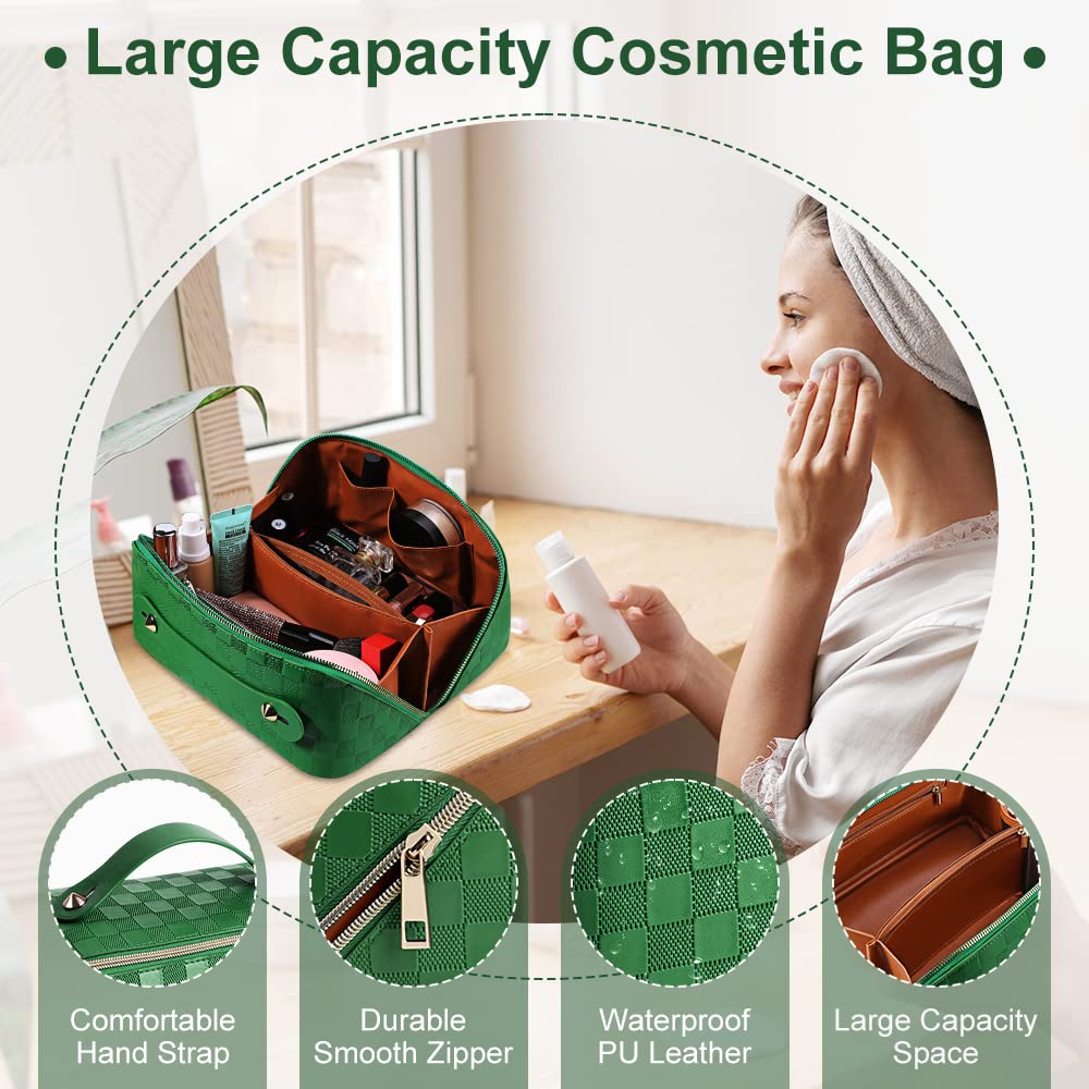Cessfle Large Capacity Travel Cosmetic Bag Plaid Checkered Makeup Bag Portable Leather Waterproof Skincare Bag with Handle and Divider for Women 01-Green