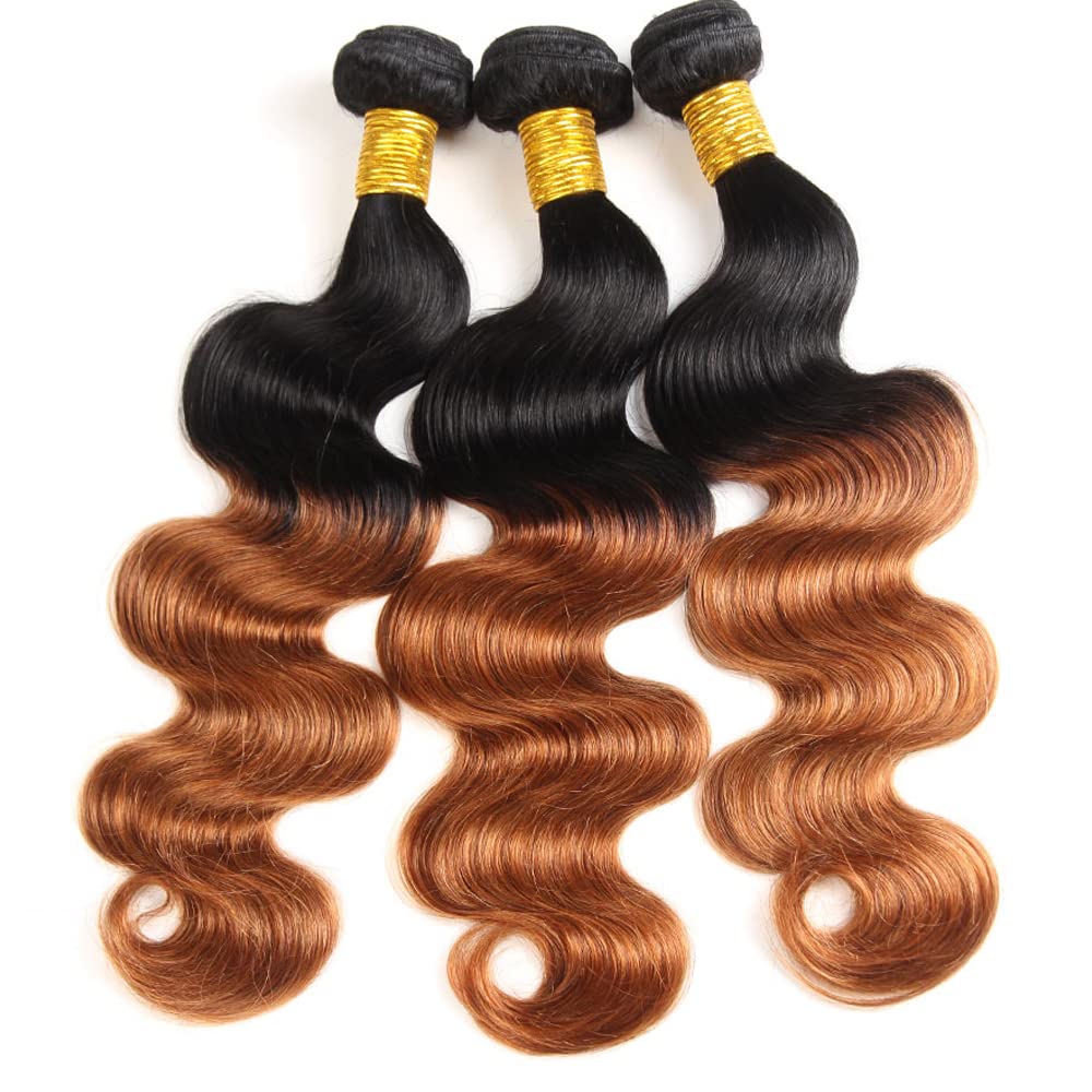 Ombre Body Wave Human Hair Bundles - Two Tone Black & Highlight Brown | 3 Bundles 8-10-12 Inch