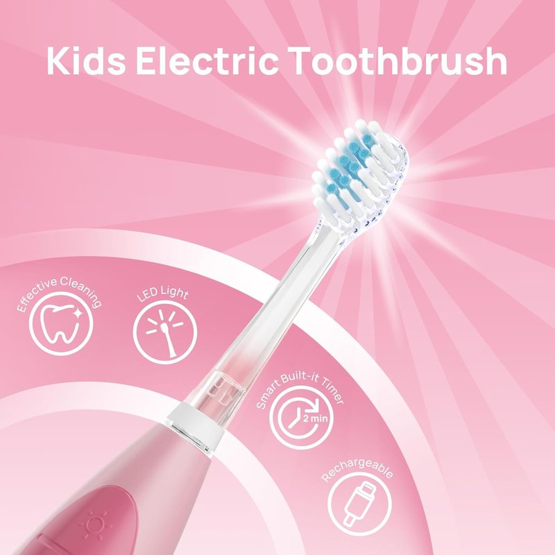 Kids Electric Toothbrush - USB Rechargeable with Smart Timer & LED Light | Pink, Ages 4+