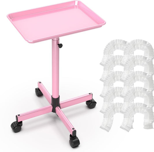 TASALON Rolling Salon Service Cart with Tray Top, Height Adjustable, Aluminum Rolling Tray Trolley for Salon Essentials, Adjustable Heightfor Hairstylist Tray 10 PCS Disposable Salon Tray Cover,Pink