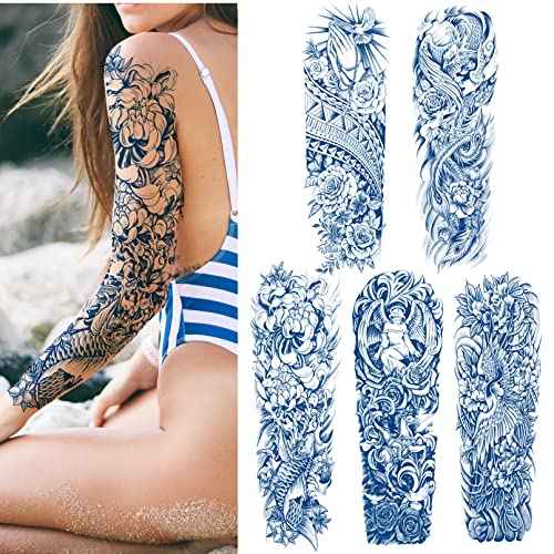 Aresvns Semi Permanent Sleeve Tattoo for Men and Women, 5 Sheets Realistic Temporary Tattoos for BBQ Pool Beach Party, Japanese Full Arm Waterproof Long-Lasting 2-3 Weeks Christmas Gift