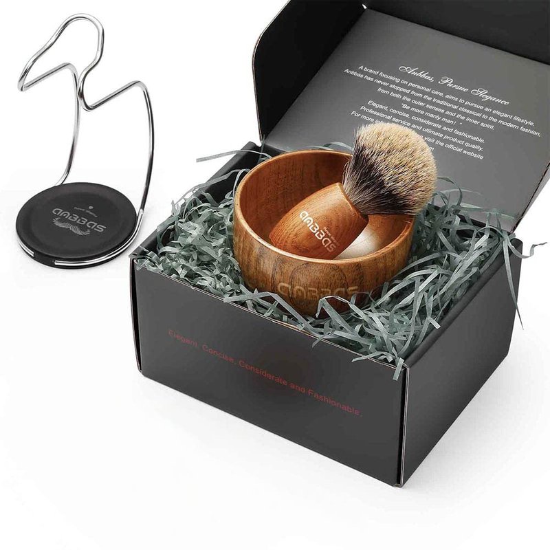 Anbbas Pure Badger Hair Shaving Brush Wood Handle and Large Soap Bowl with Stainless Steel Shaving Stand 3in1 Kit for Men