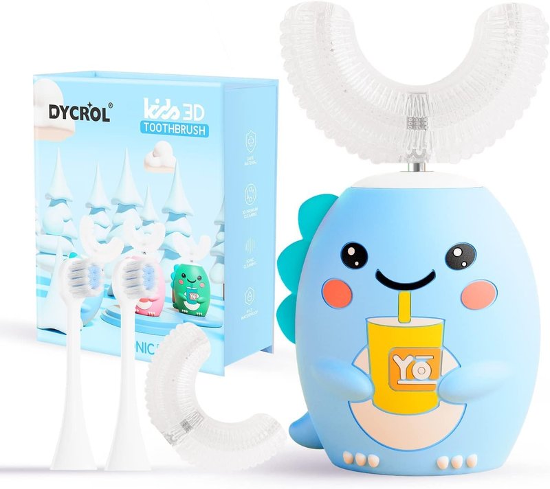 Kids U Shaped Electric Toothbrush - Sonic 360-Degree Cleaning, 5 Modes, IPX7 Waterproof | Cartoon Dinosaur Design (Ages 2-6, Blue)