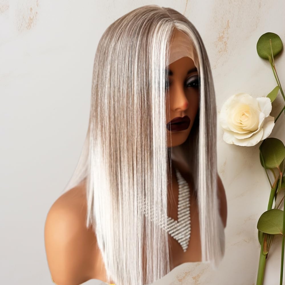 Ombre Ash Blonde Lace Front Wig - Pre-Plucked Baby Hair, White Grey Balayage Highlights | Straight Bob Synthetic Wig for Women