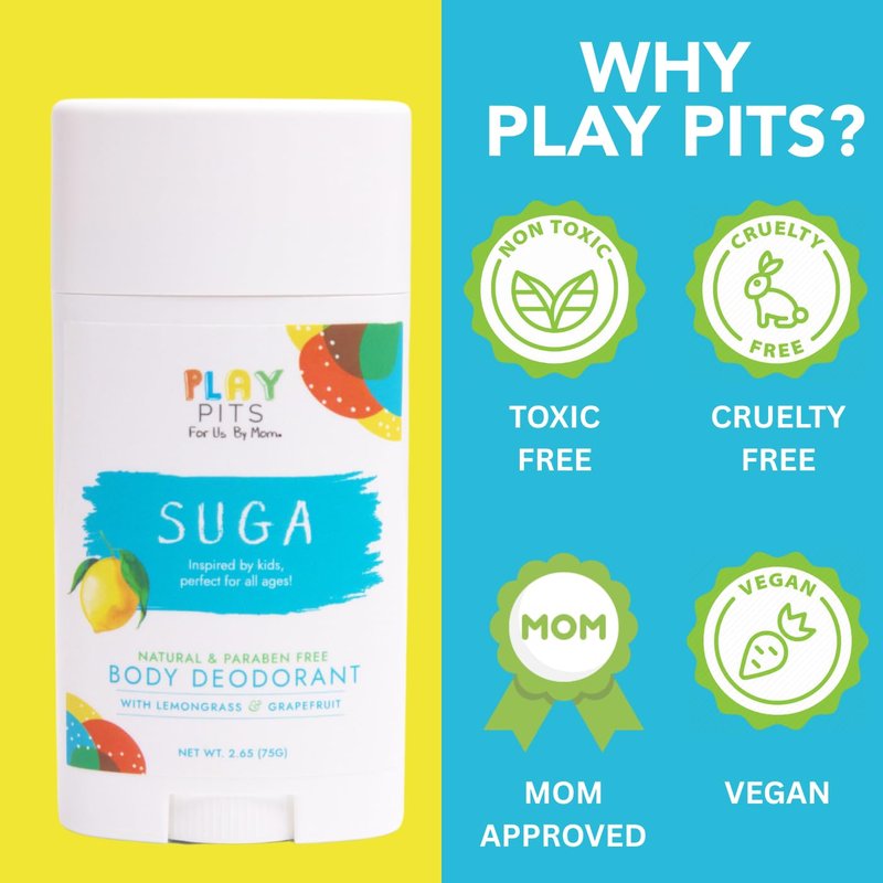 PLAY PITS - Kids Deodorant for Girls & Boys - Natural - Aluminum-Salt Free - Safe for Sensitive Skin - Variety Pack - SUGA, SONSHINE, & HAPPY – Clean, Non-Toxic, & Paraben Free - 2.65oz - 3 pack