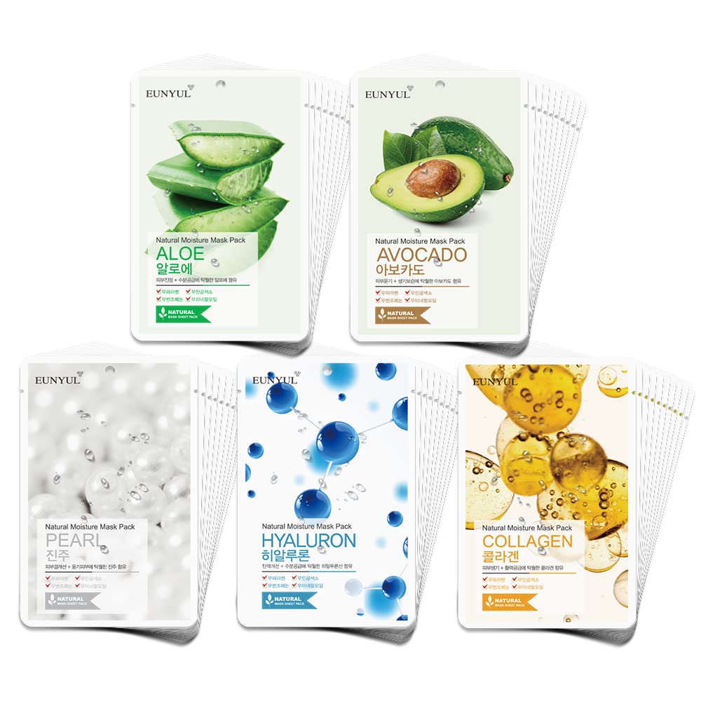 Natural Face Mask Sheet Set - 50 Pack of Korean Skincare Masks | Aloe, Collagen, Pearl, Hyaluron, Avocado