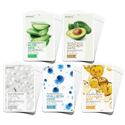 Natural Face Mask Sheet Set - 50 Pack of Korean Skincare Masks | Aloe, Collagen, Pearl, Hyaluron, Avocado