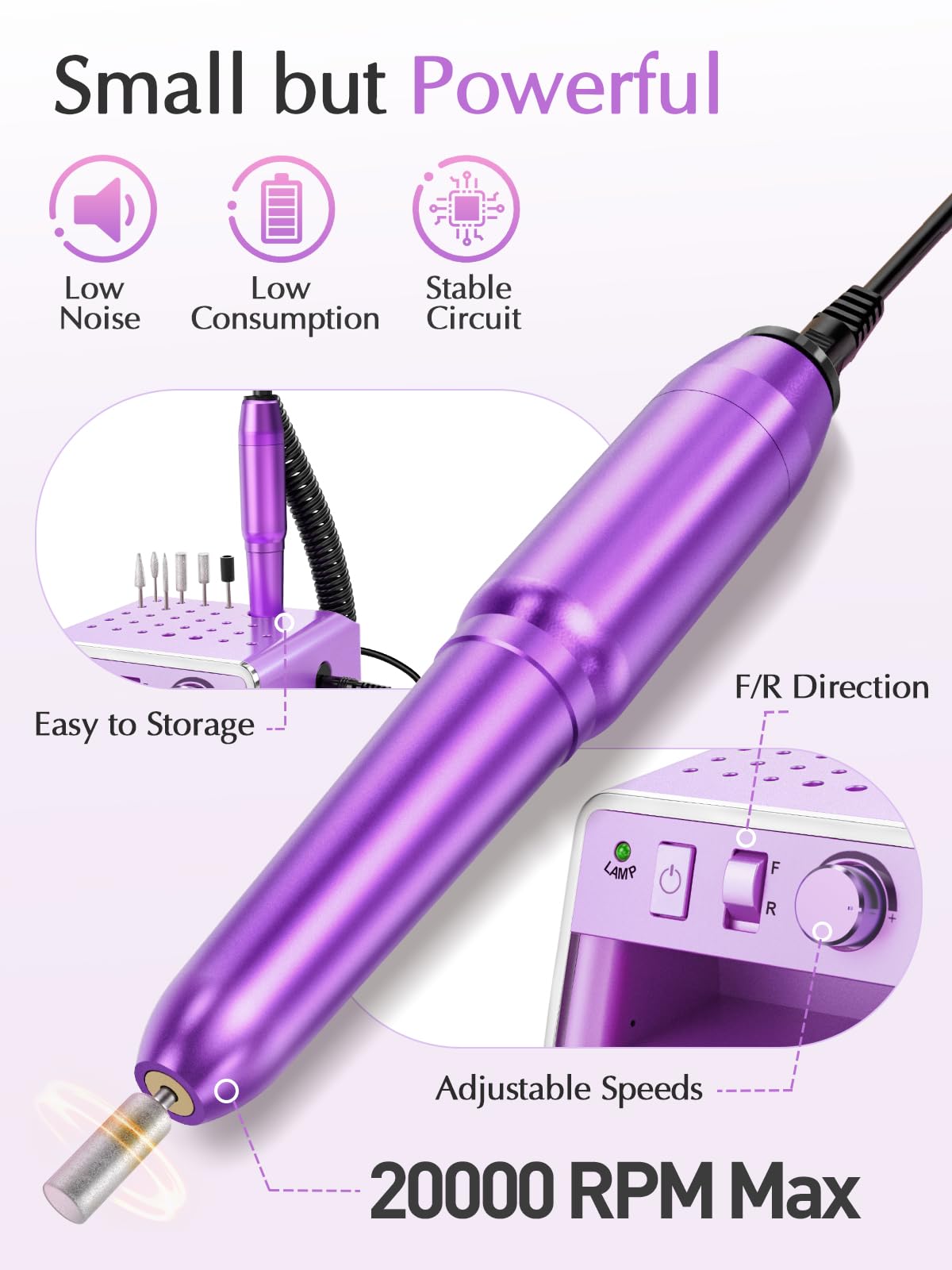 Subay Nail Drill Machine Electric File, Portable for Acrylic Gel Dip Powder Nails, Nail Drill Kit for Manicure Pedicure, Nail Set with Everything, Purple
