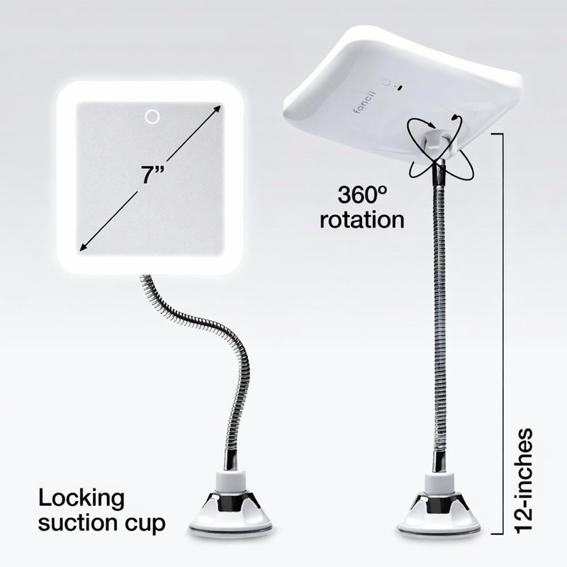 Fancii 10x Flexible Magnifying Mirror with 3 LED Light Settings, Rechargeable - Gooseneck Lighted Makeup Mirror for Bathroom, Locking Suction Mount, Cordless, 360° Rotatable (Mira 2 Plus)