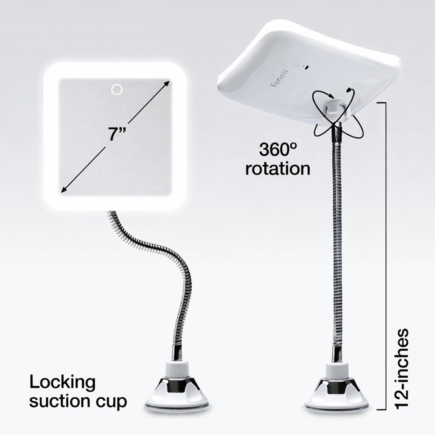 Fancii 10x Flexible Magnifying Mirror with 3 LED Light Settings, Rechargeable - Gooseneck Lighted Makeup Mirror for Bathroom, Locking Suction Mount, Cordless, 360° Rotatable (Mira 2 Plus)