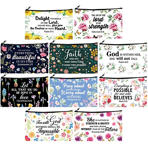 Thinkday 10 Pcs Christmas Christian Gift Bulk Cosmetic Bags for Women Inspirational Quotes Makeup Bag with Zipper Church Employee Appreciation Toiletry Pencil Pouch Travel Set Thanksgiving Gifts