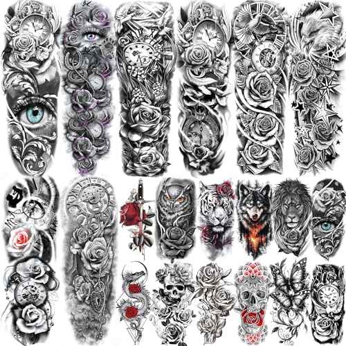 20 Sheets Sexy Rose Flower Full Arm Sleeve Temporary Tattoos For Women Adults Thigh, Half Arm Sleeve Tattoos For Men Angel Anchor Peace Dove Eagle Owl Compass Eye, Black Halloween Fake Tattoo Stickers