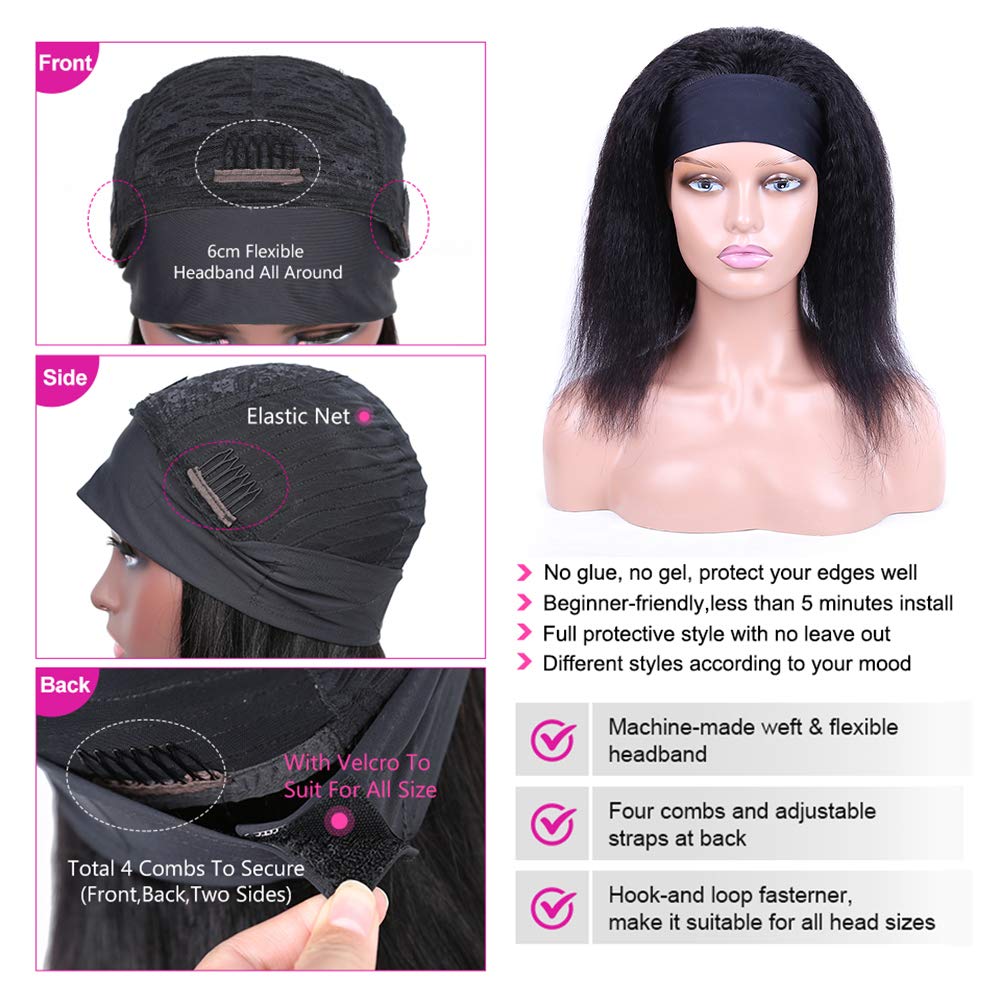 Kinky Straight Headband Wig Human Hair 180% Density 12A Headband Wigs for Women Glueless Yaki Headband Human Hair Machine Made Can Last 6-9 Months Life Natural Black Color 14 Inch