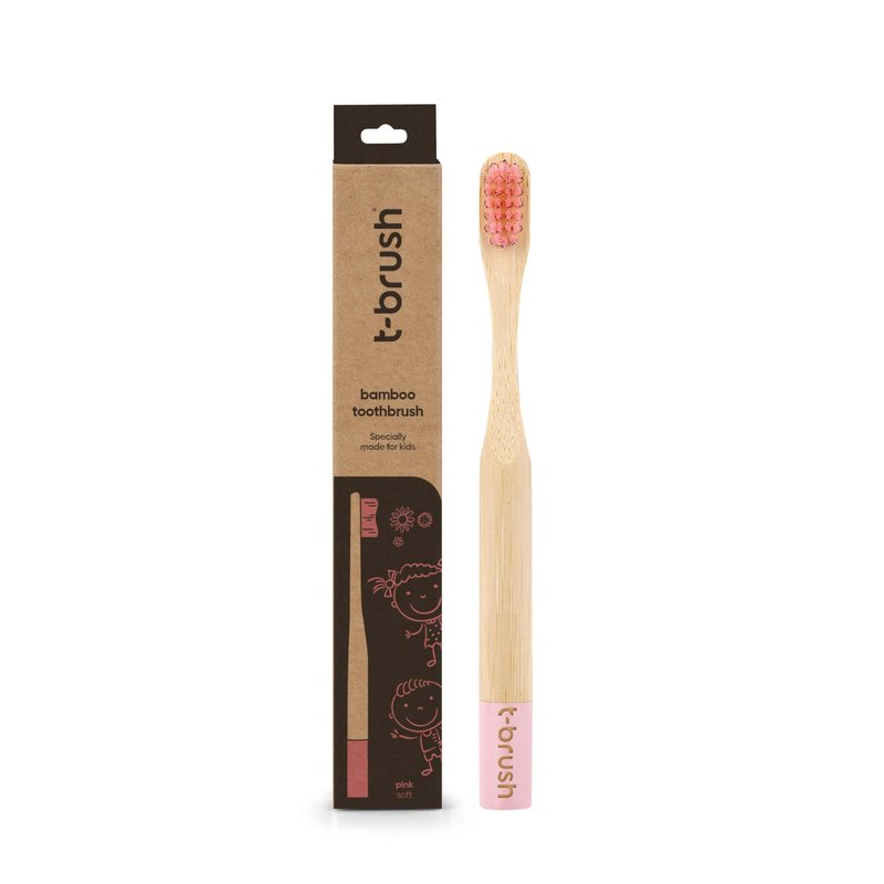 t-brush Kids Bamboo Toothbrush - Pink Colour - Cute Fun Toothbrush