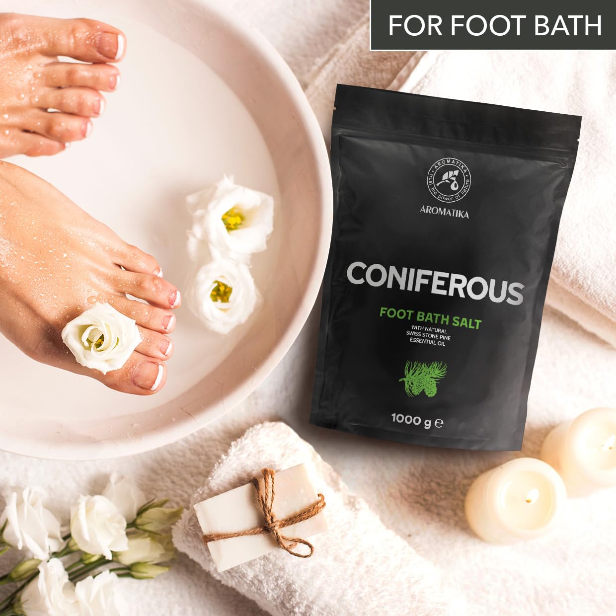 Foot Bath Salt Coniferous 35Oz - Pedicure Foot Bath Salt - Foot Bath Additive with Natural Sea Salt - Swiss Stone Pine Essential Oil - Foot Care for Tired Feet - Beauty - Relaxation - Aromatherapy