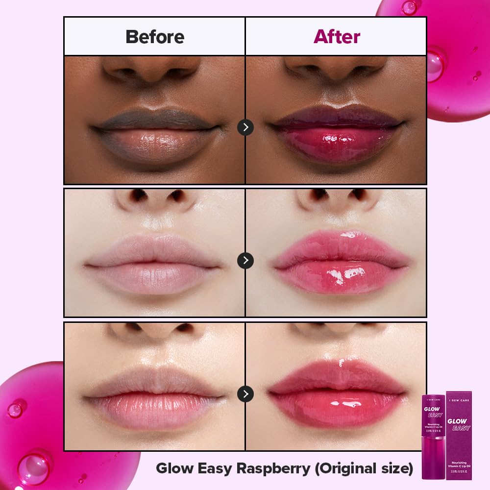 I DEW CARE Lip Gloss - Glow Easy Raspberry | Jojoba Seed Oil, Vitamin C, Pigmented Glossy Stain, Hydrating, Korean Makeup, Pink Color, Moisturizing, Nourishing, 0.12 FL Oz