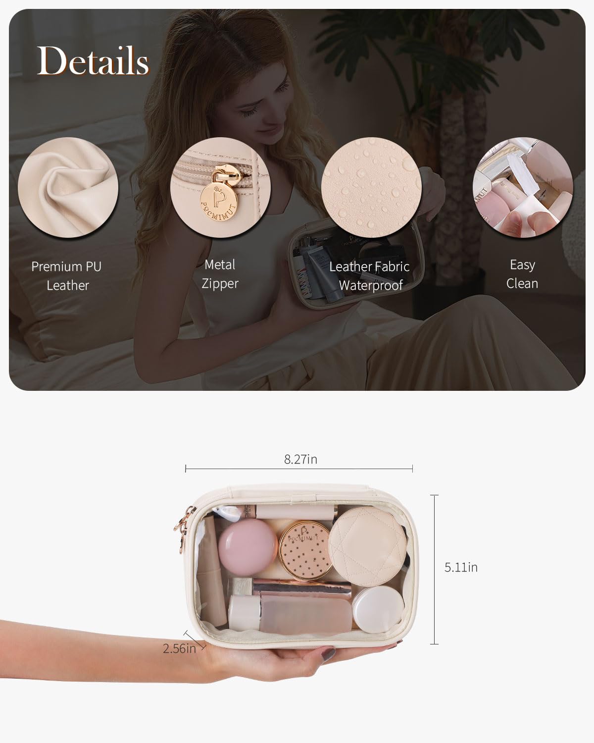 Pocmimut Clear Makeup Bags,Small Makeup Pouch with Large Cosmetic Bag Toiletry Bag Car Accessories Storage for Women,Travel Essentials Organizers,Beige