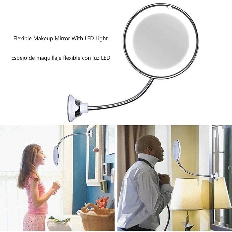 SASKATE Makeup Mirror with LED Light and Suction Cup 360 Degree Swivel Flexible Gooseneck 10X Magnifying Mirror Travel and Home Bathroom Vanity Mirror (White)