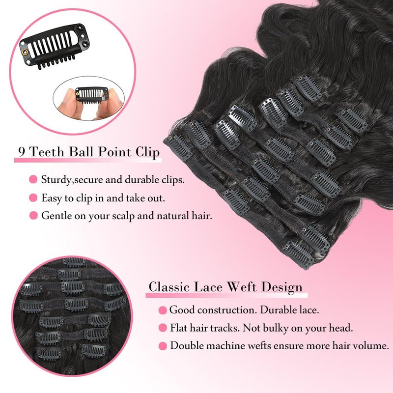 AIWET Body Wave Clip in Hair Extensions Real Human Hair, 8Pcs 120g Wavy Human Hair Clip in Extensions for Women 12A Brazilian Virgin Wavy Human Hair Extensions Clip ins Natural Black (#1B,16 Inch)