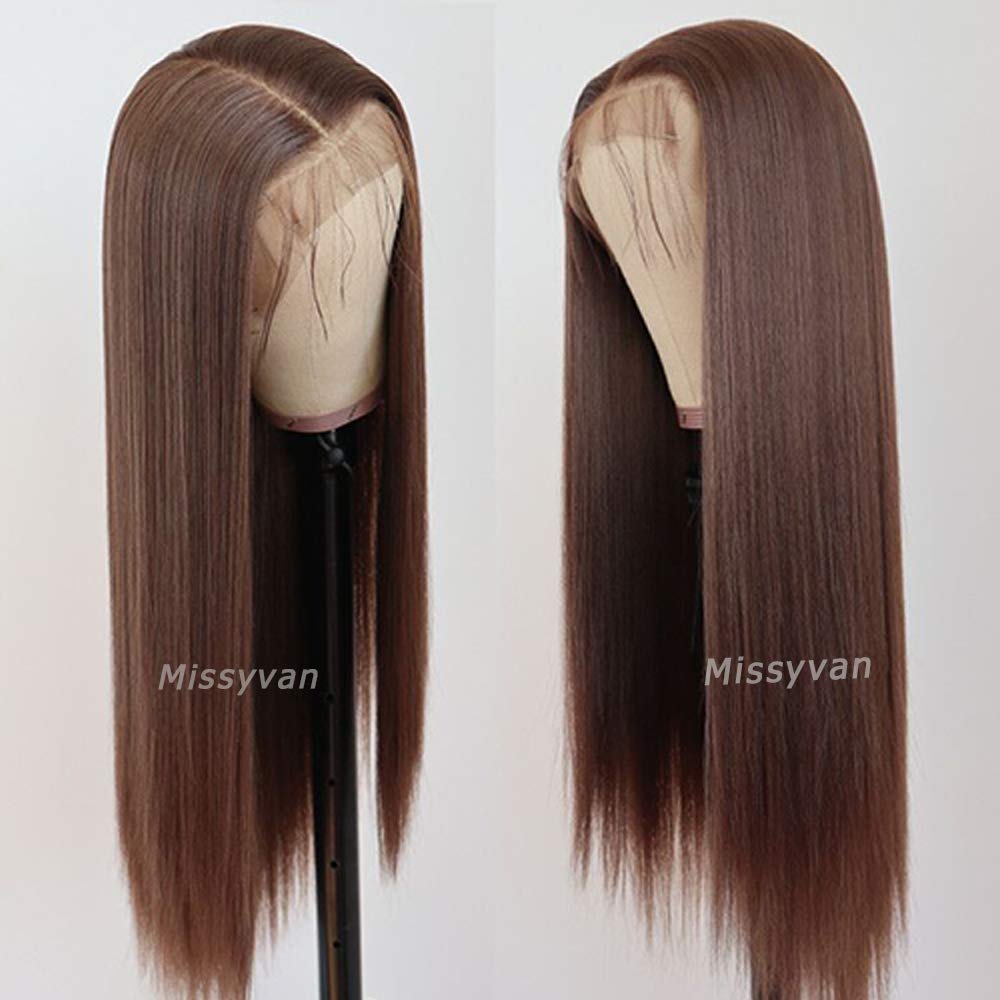 Missyvan Lace Front Wig Straight Hair Brown Color Long Wigs Glueless Heat Resistant Fiber Hair Dark Brown Synthetic Lace Front Wigs for Fashion Women