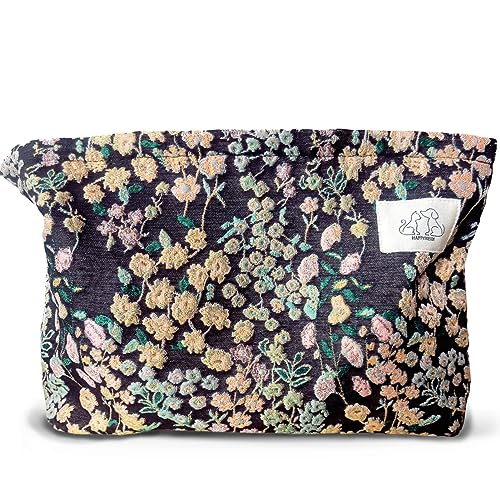 HAPPYHEIDI Women Aesthetic Travel Makeup Bag Accessory Zipper Pouch for Cosmetics, Purse Organizer, Embroidery Lucky Flowers Black