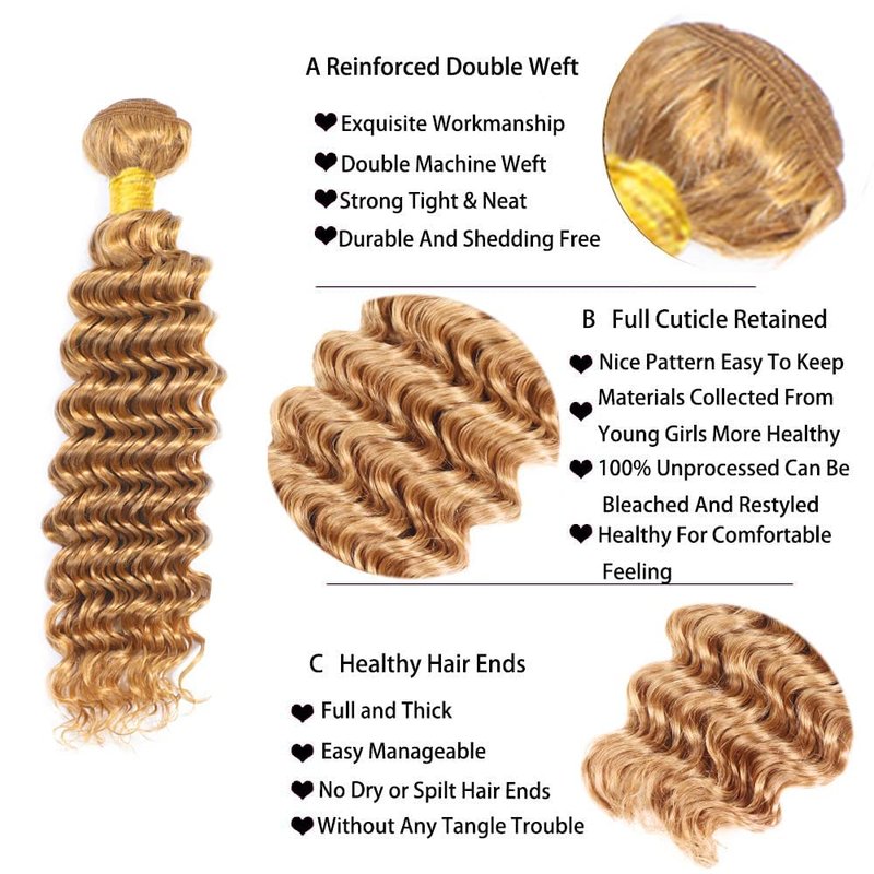 Yubelanis Color 27 Human Hair Bundles 08 10 12 Inch Deep Wave Bundles Human Hair 12A Unprocessed Virgin Raw Quick Weave Hair for Black Women Honey Blonde