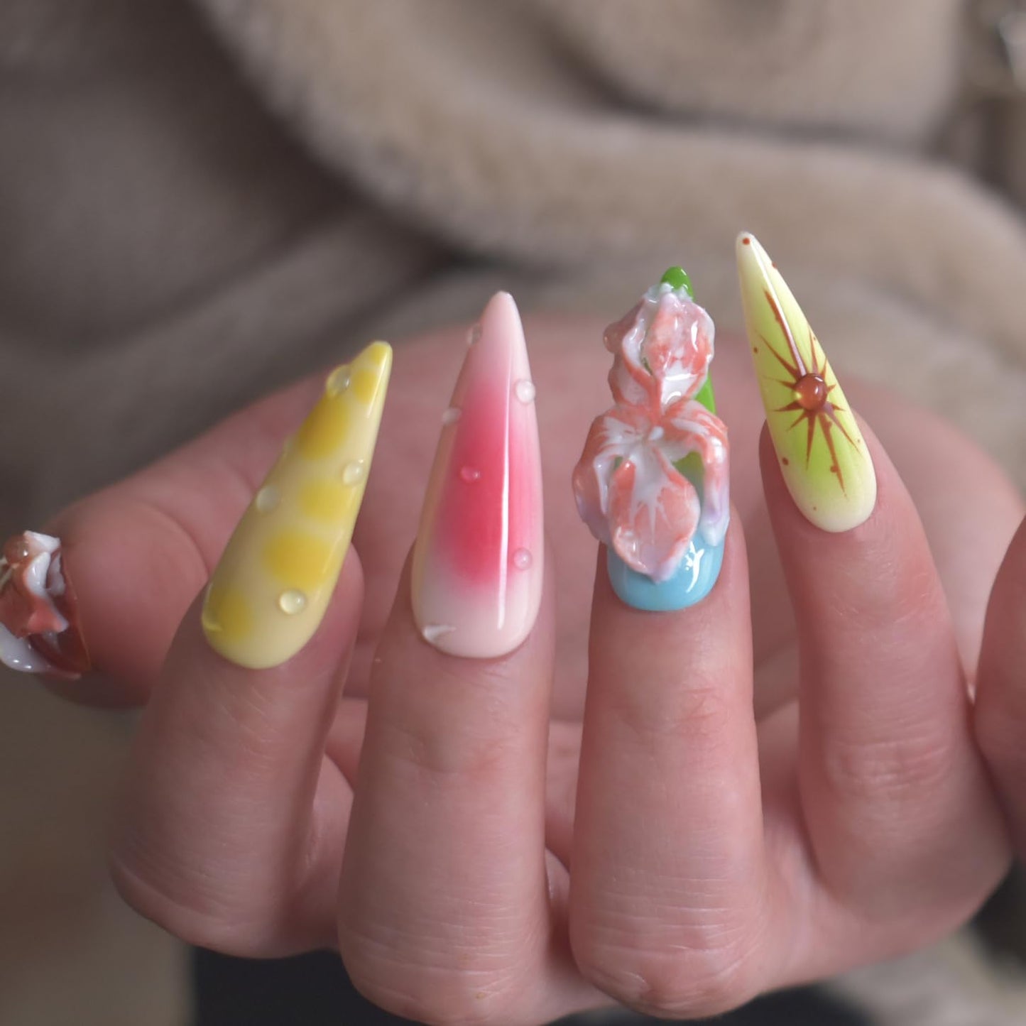 LIFOOST Manual Press on Nails 10Pcs with Hand Carved Flower Petals Long Almond Handmade Nails for DIY Manicure Decorations, Size Medium