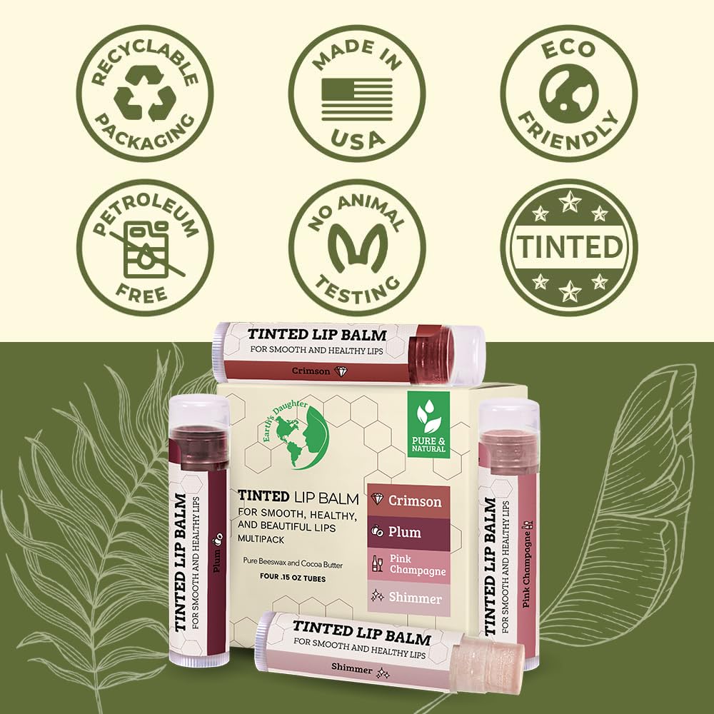 Earth's Daughter Tinted Lip Balm - Moisturizing Beeswax & Coconut Oil | 4 Assorted Colors