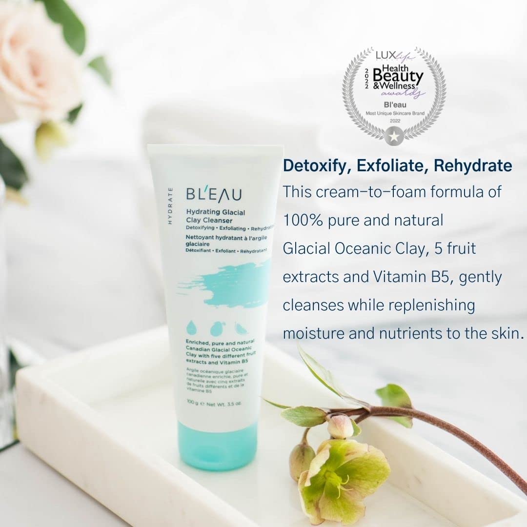 Bl'eau Hydrating Glacial Clay Cleanser detoxify exfoliate rehydrate Glacial Oceanic Clay and 5 fruits extracts to deep cleanse and soothe skin, cream to foam texture, cooling and hydrating skin feel (100 g (3.5 oz.))