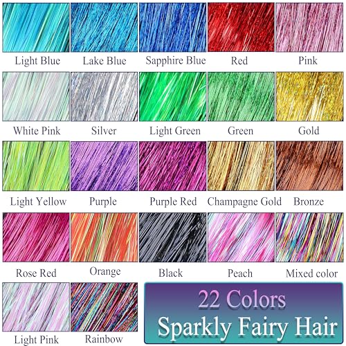 22 Colors 7700 Strands Hair Tinsel Kit, 48 Inch Glitter Tinsel Hair Extensions for July Fourth Christmas New Year Halloween Cosplay, Heat Resistant Fairy Hair Accessories for Girls, Kids, Women