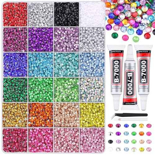 24000Pcs Resin Rhinestones for Crafting with Tweezers, Multicolor 3mm Bedazzling Crystal with 3Pcs 10ml B7000 Jewelry Glue for DIY Crafts Clothing Tumblers Shoes Fabric Nail Art