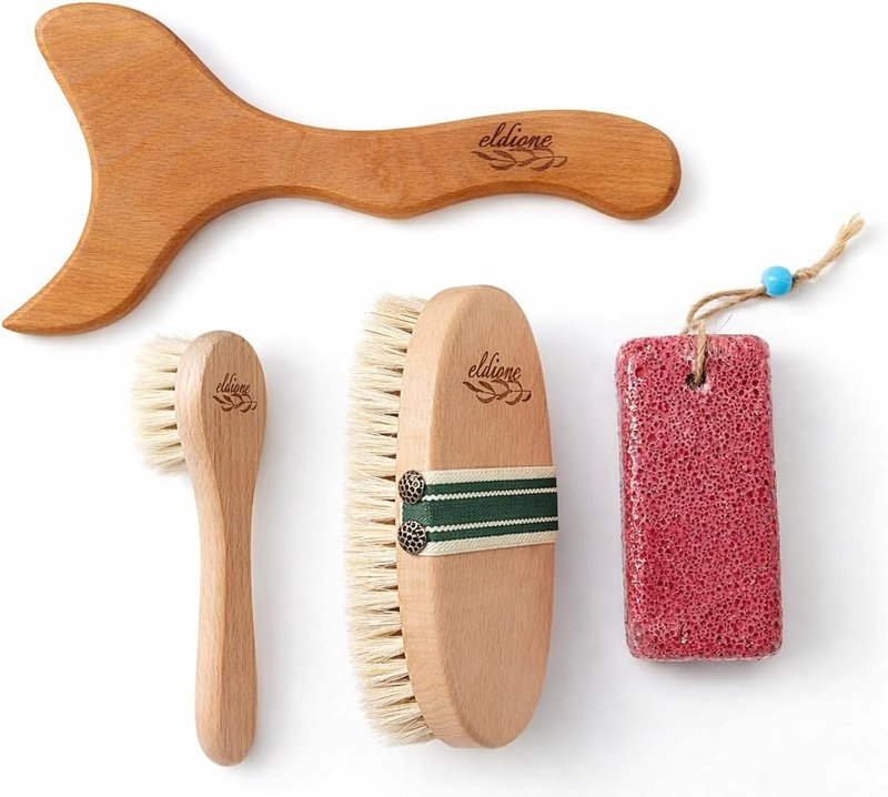 4-Piece Dry Brush Set - Natural Bristle Exfoliating Body & Face Brushes | Includes Pumice Stone & Wooden Massage Tool