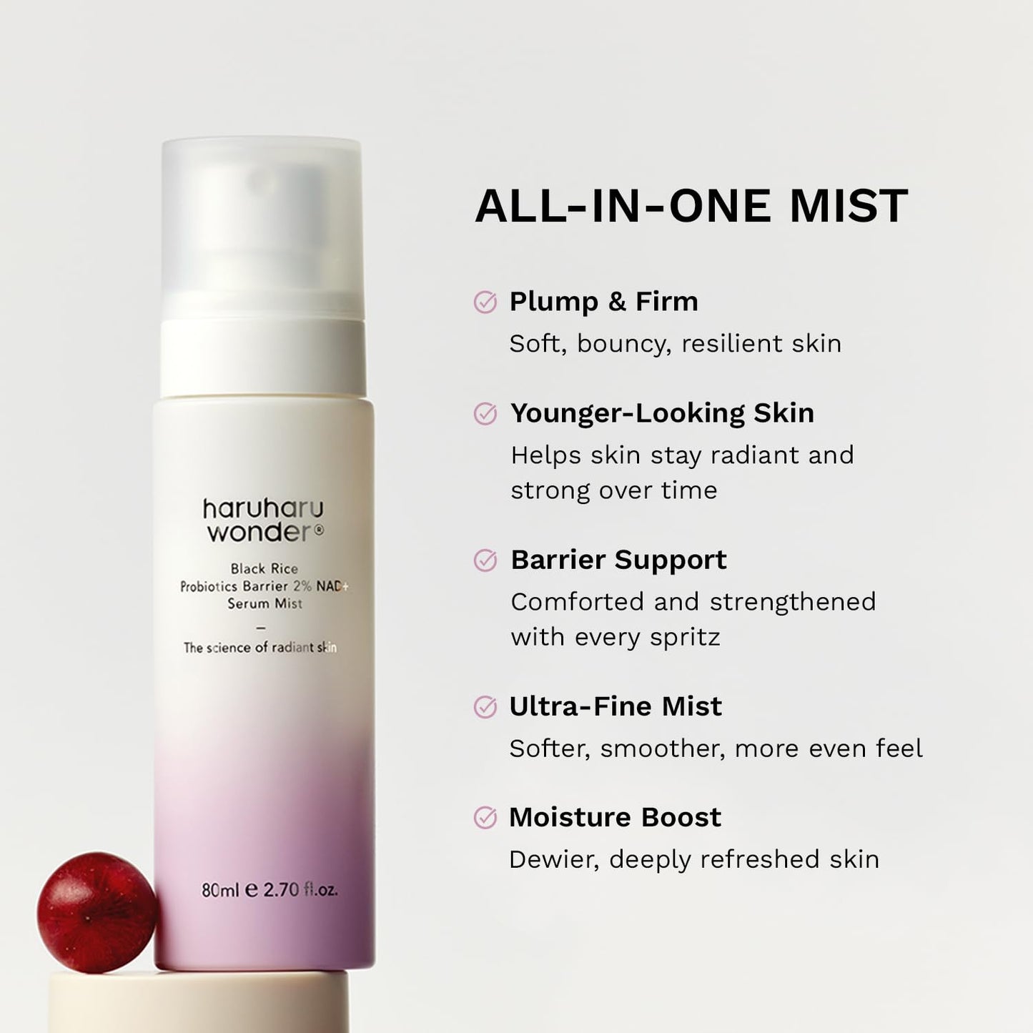 haruharu Wonder Black Rice Probiotics 2% NAD+ Serum Mist, Ultra-Fine Mist, Hydrating & Plumping, Barrier Support, Sensitive Skin, Ceramide, Korean Skincare, Vegan, 2.70 fl.oz