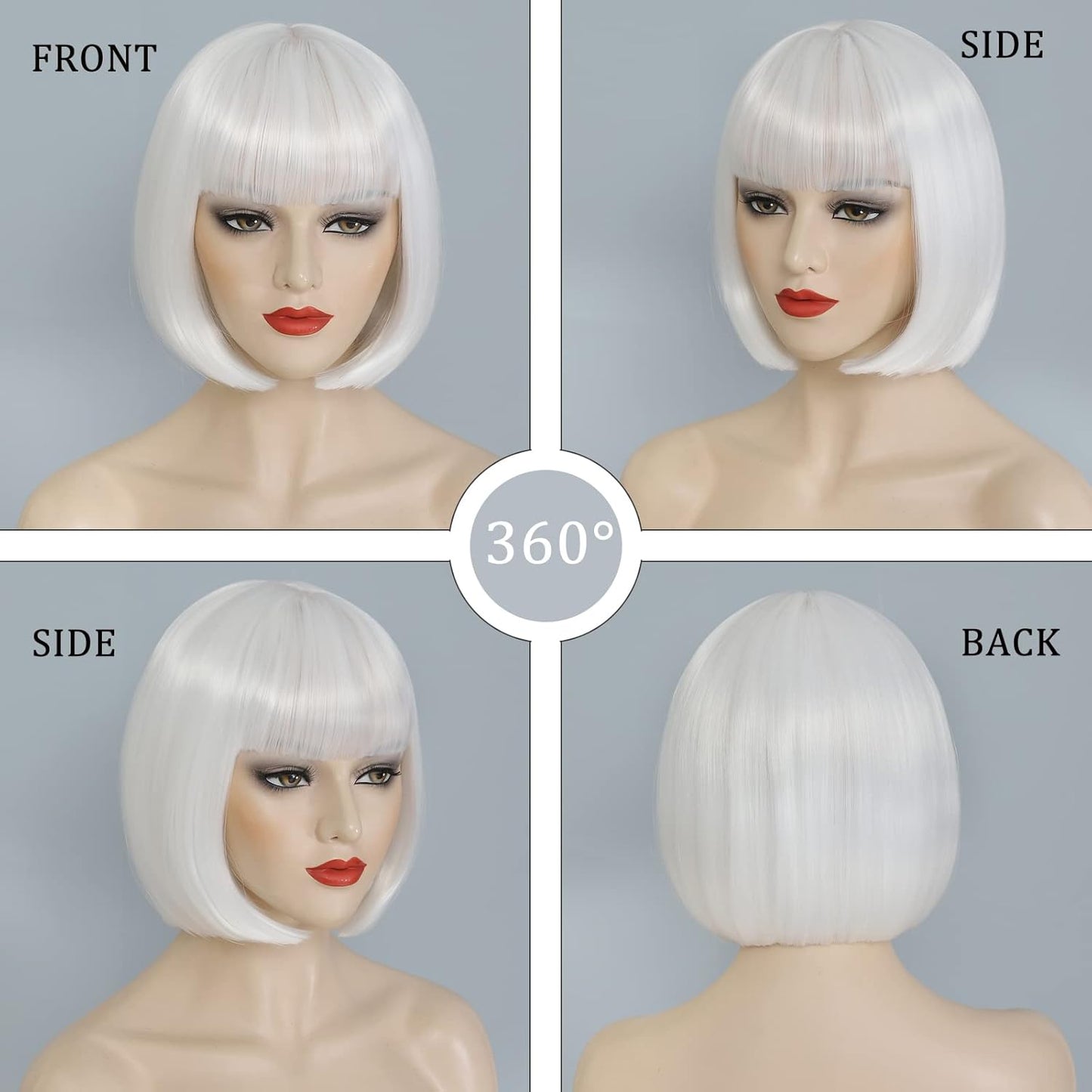 White Bob Wig With Bangs - 10 Inch Heat Resistant Synthetic Hair | Natural Look for Daily Wear & Parties