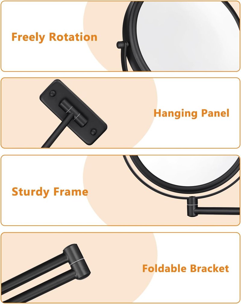Wall Mounted Makeup Mirror - 8 Inch Double-Sided 1X/10X Magnification | 360° Swivel Extendable for Bathroom, Black