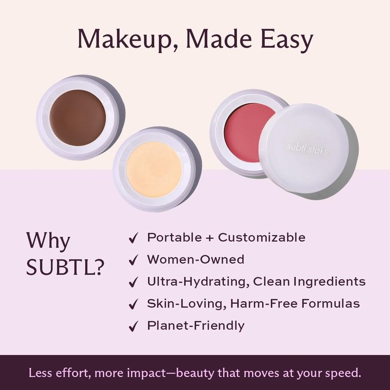 Subtl Staks 6-in-1 Stackable Travel Makeup Kit by Subtl Beauty - New Lip Glaze, Eyeshadow, Highlighter, Lip + Cheek, Blush, Shine Control - Includes Mirror & Brush - Compact Makeup for On the Go
