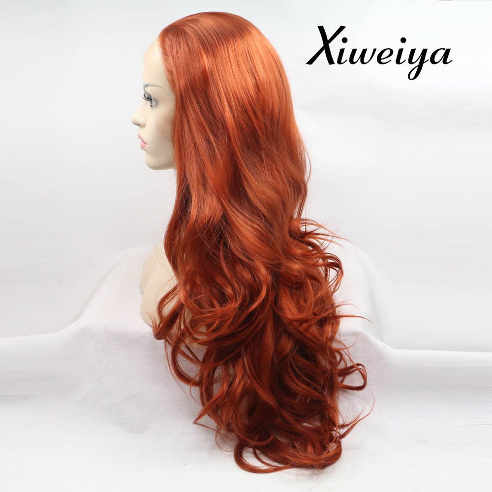 Xiweiya Long Wavy Copper Red Lace Front Wig Glueless Free Part Auburn Color Synthetic Wig for Women, Drag Queen with Heat Resistant Fiber Hair Replacement Wig Cosplay Halloween Wig 24 inch