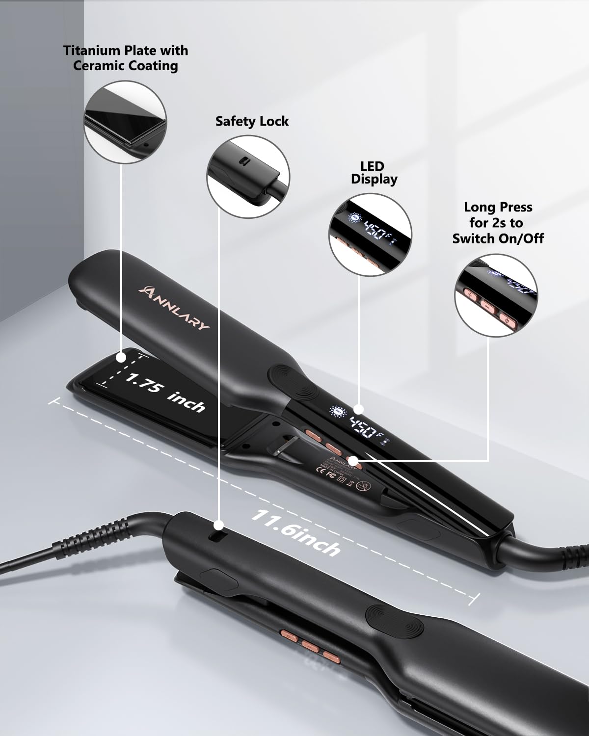 Annlary 1.75 Inch Hair Straightener, Professional Titanium Plate with Ceramic Coating Ionic Dual Voltage Flat Iron with Heat-Resistant Silicone, for Less Frizz, Shinier & Smoother Hair